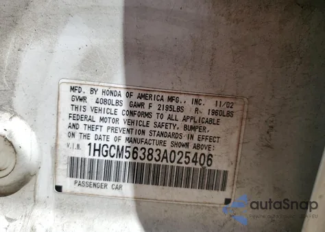 2003 Honda Accord Lx from USA, damaged, VIN 1HGCM56383A025406